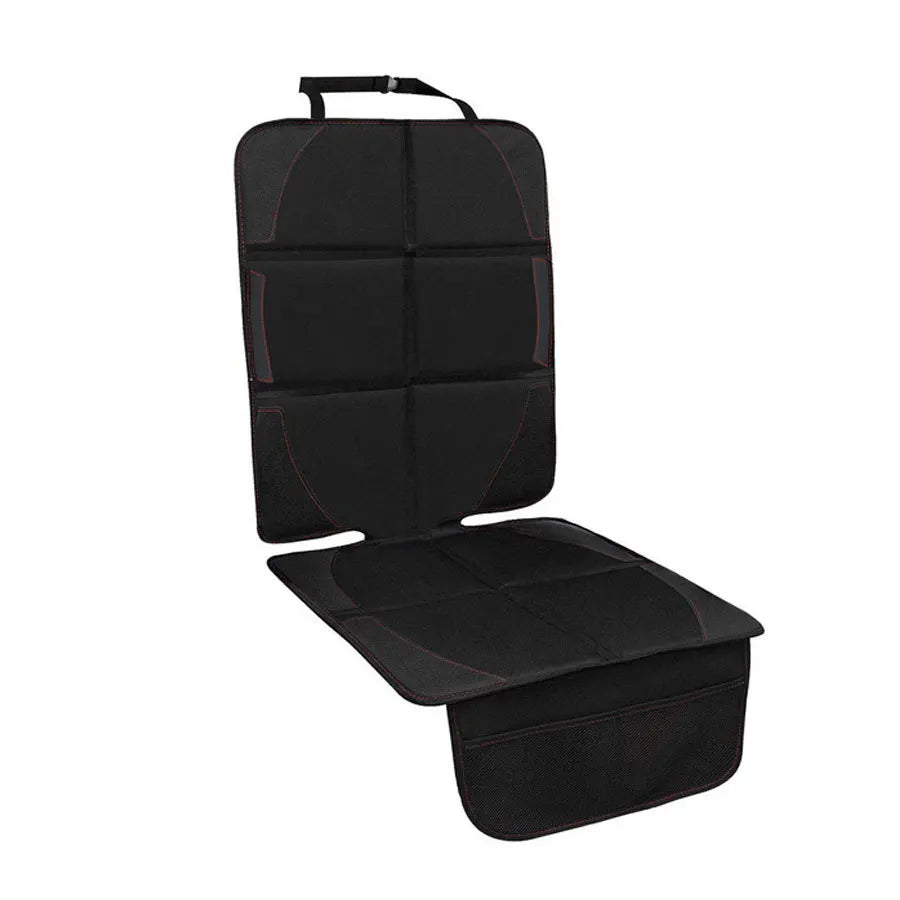 Black car seat protector pad with a handle, designed to cover and protect the seat.