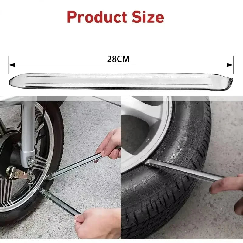 A set of metal tools including a heavy-duty tire wrench and rim opener used for automotive tasks.