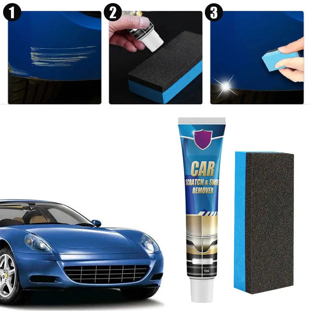Un ensemble d'outils pour enlever les rayures et les marques de polissage, avec pâte, appliqué sur une surface de voiture ble
