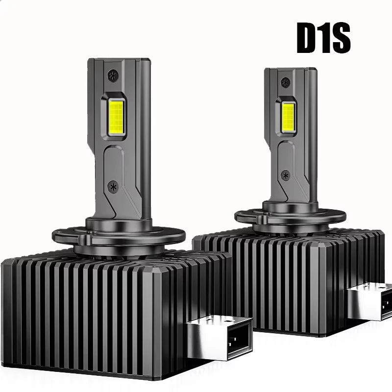Two D1S automotive LED upgrade bulbs shown with their bases and individual bulbs.