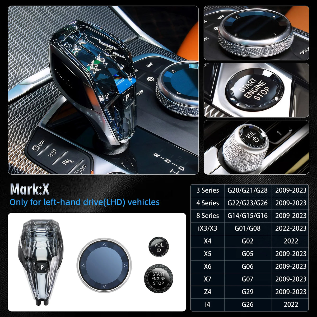 Crystal Gear shift knob lever for left-hand drive vehicles shown in various car interiors.