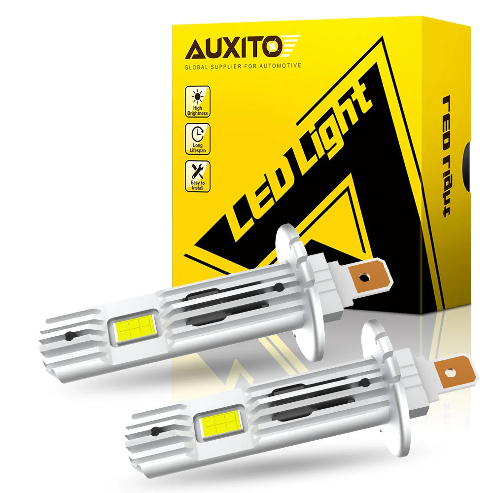 Two LED light bulbs are shown next to a yellow box labeled AUXITO LED Light for automotive use.