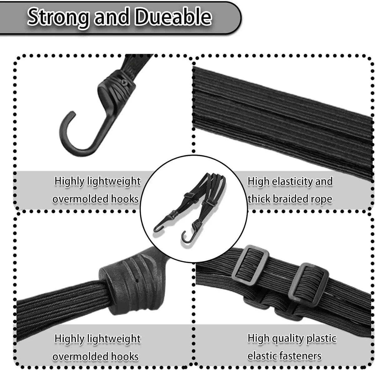 Gros plan sur des attaches élastiques noires et une corde tressée pour des sangles rétractables solides et durables.