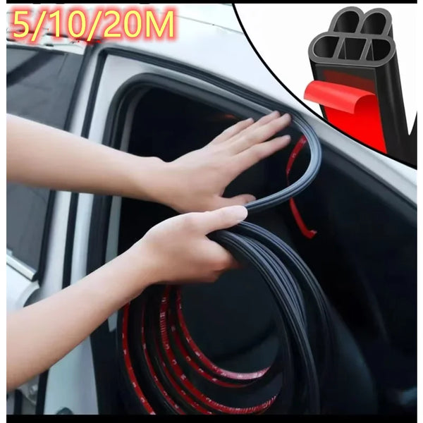 Hands are shown inserting black and red soundproofing seals into a car door frame.