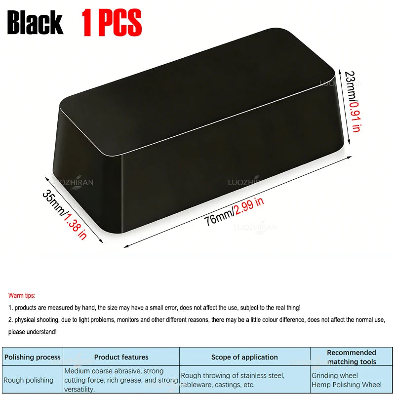 Black 1 piece metal polishing wax bar with dimensions 35mm x 76mm