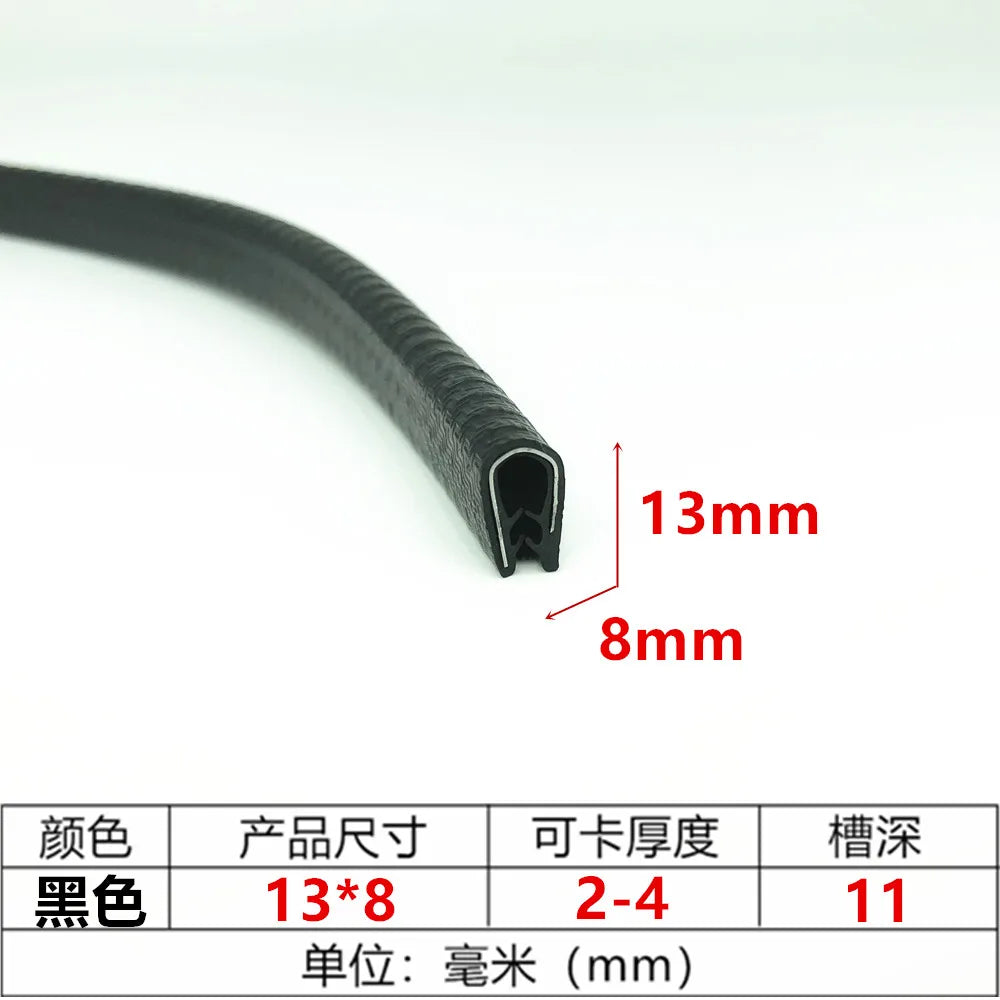 Black rubber edge seal trim with dimensions 13mm by 8mm and a depth of 11mm