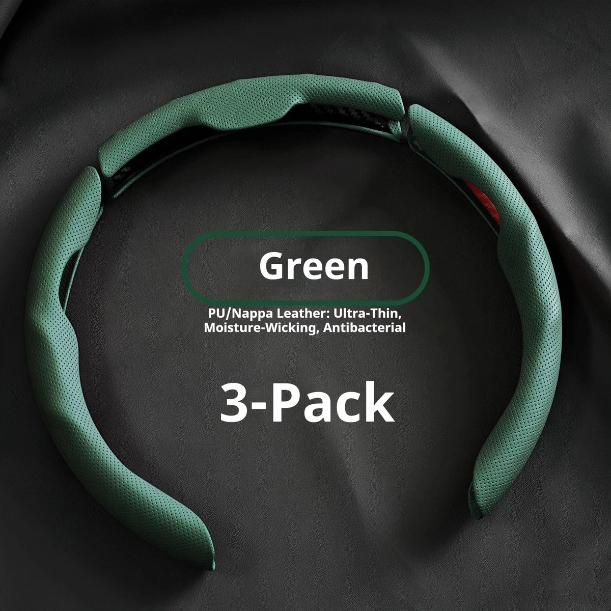 A green PU/Nappa leather steering wheel cover in a 3-pack is shown against a dark background.