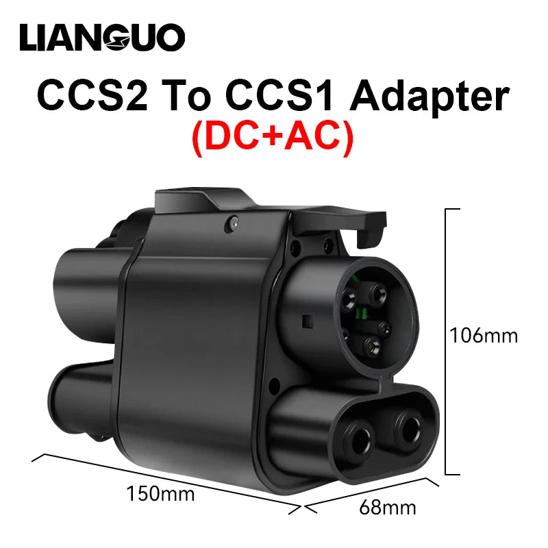 A black adapter for converting CCS2 to CCS1 DC+AC charging, showing its dimensions.