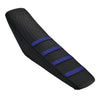 Black motorcycle seat cover protector with three blue stripes
