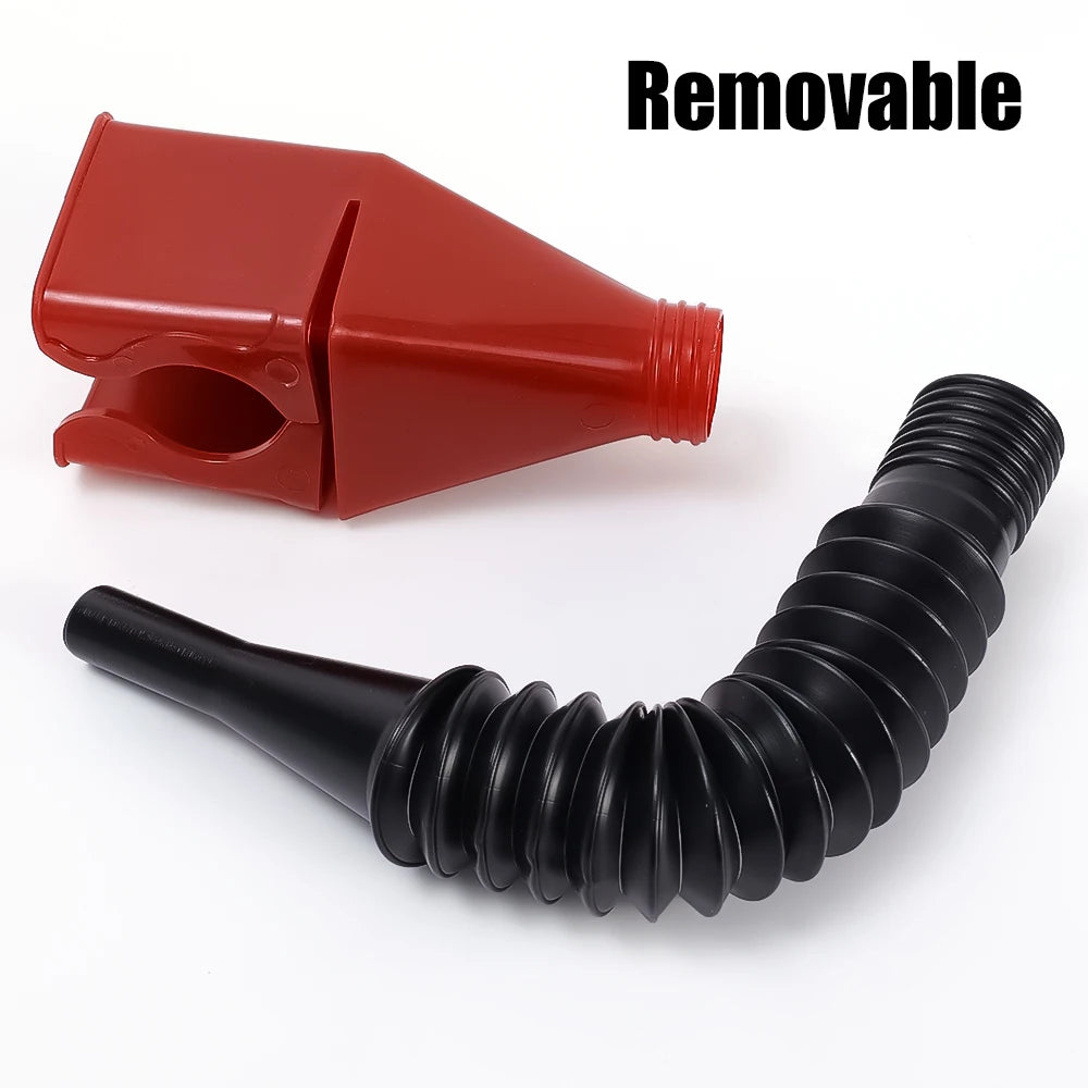A red removable funnel and a black flexible tube are shown for car fuel transfer.