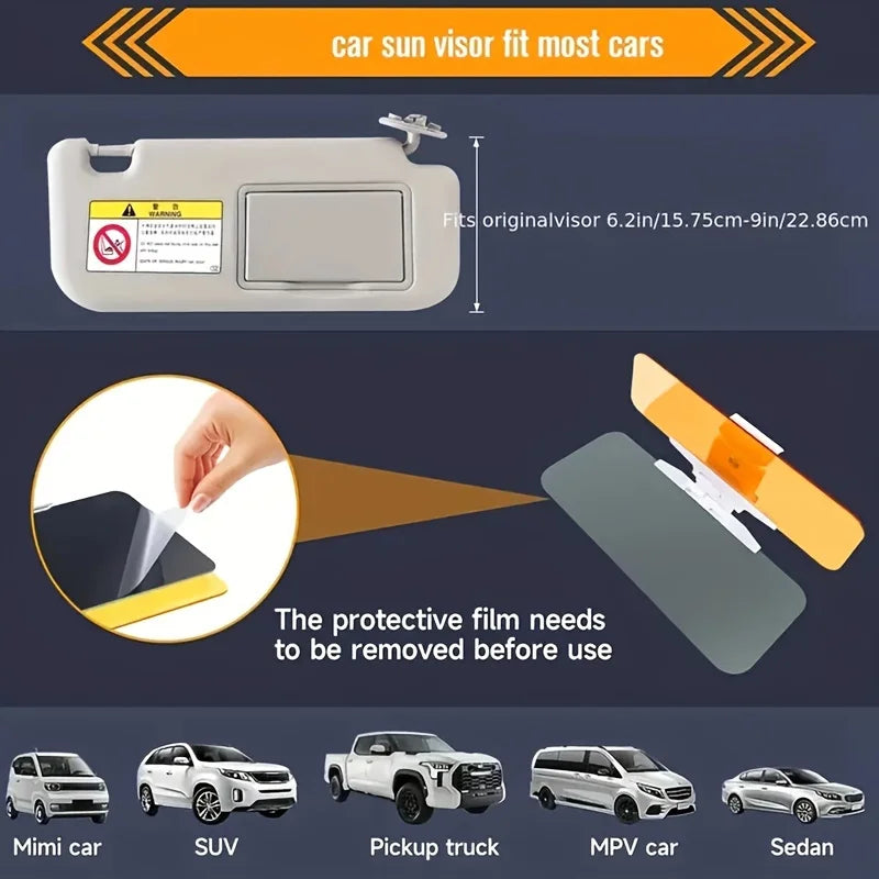 A protective film for a car sun visor shown next to various vehicle types including a Mini car, SUV, pickup truck, MPV car, a