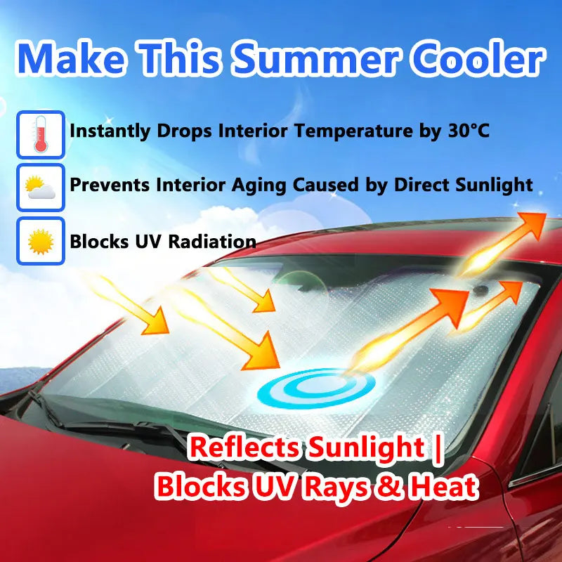 A red car's windshield shows a clear protective film blocking sunlight and UV rays.