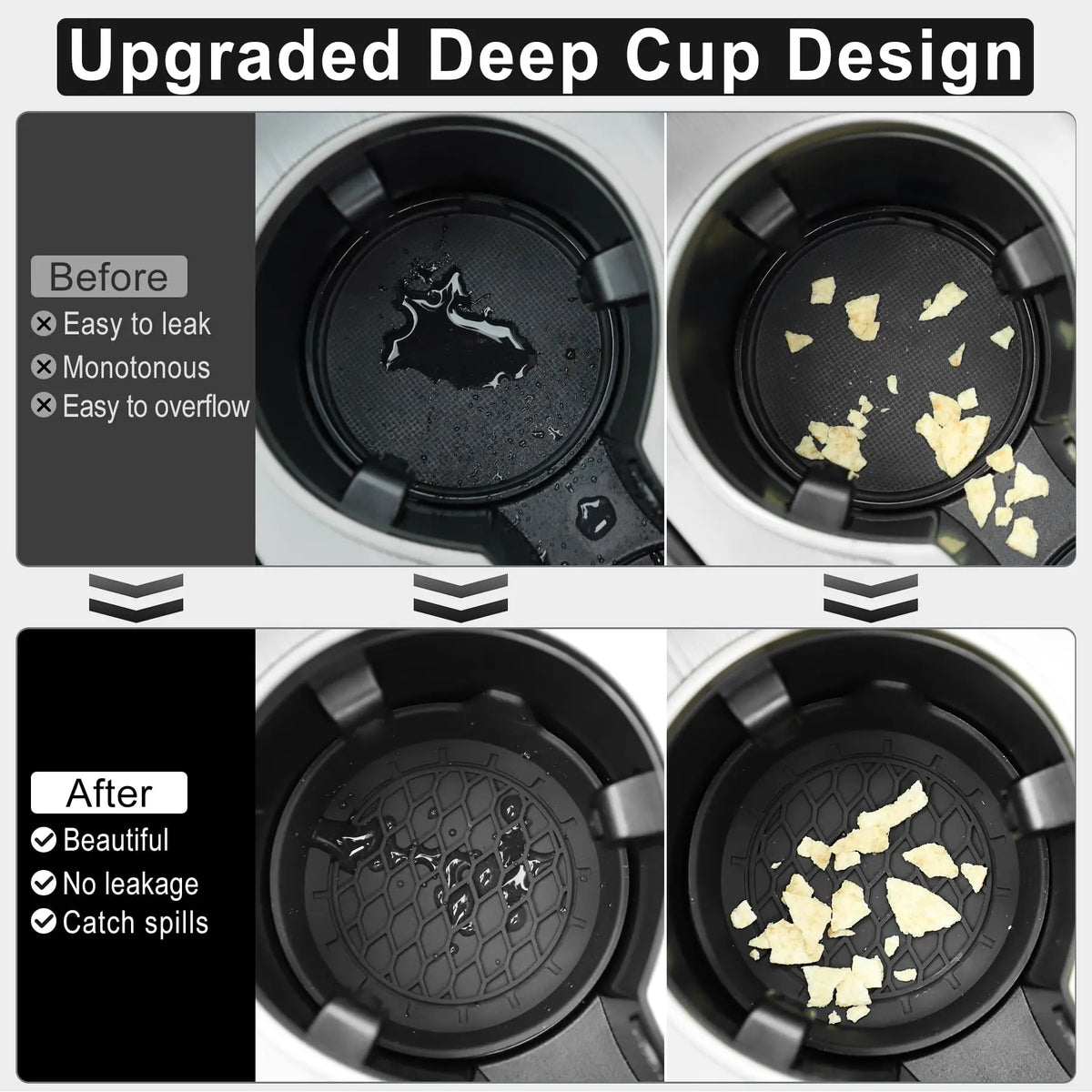 Comparison showing an upgraded deep cup design before and after, demonstrating improved leak prevention and spill catching.