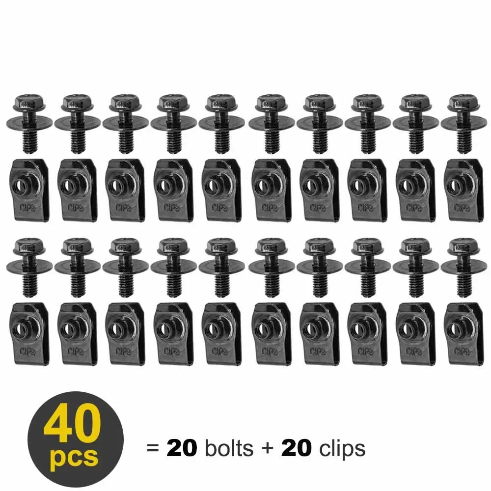 Un jeu de 40 fixations et clips pour carrosserie, incluant 20 boulons et 20 clips.
