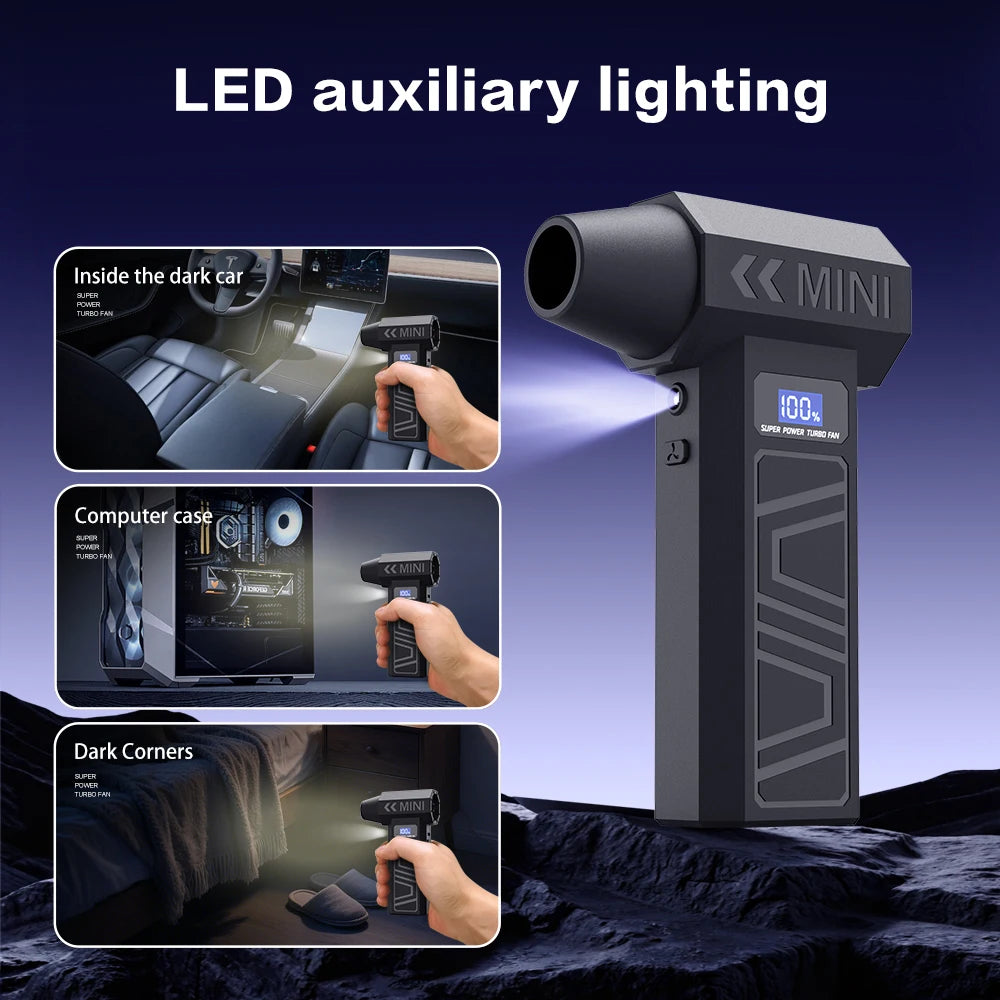 A black LED auxiliary lighting device is shown illuminating inside a dark car, a computer case, and dark corners.