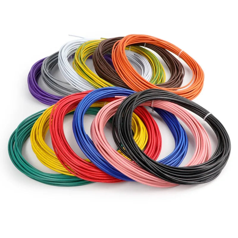 A collection of multi-stranded copper wires in various colors, including red, yellow, green, blue, and black.
