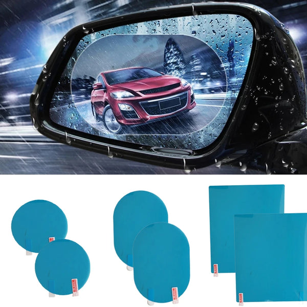 Clear anti-fog and rainproof film protecting a car mirror from weather damage.