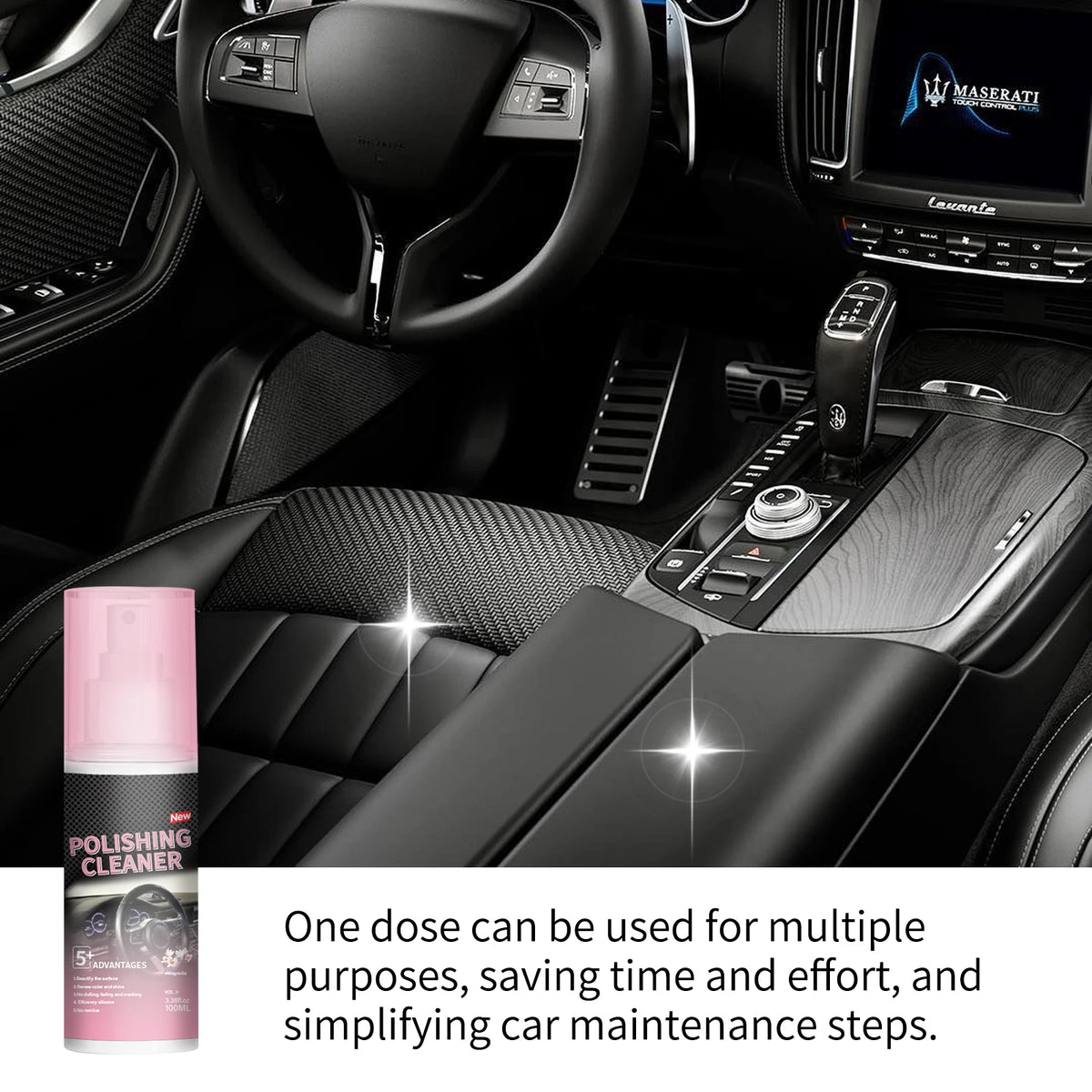 Eine Flasche All-in-One-Car-Detail-Polierreiniger wird im Innenraum eines Autos gezeigt, die seine vielseitige Verwendung her