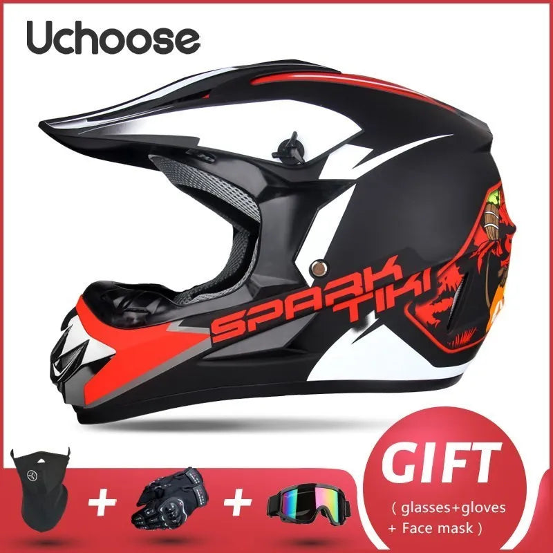 Casque de moto tout-terrain Uchoose Spark Tiki noir et blanc avec accessoires