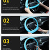 Installation steps showing how to put on and adjust a universal silicone steering wheel cover.