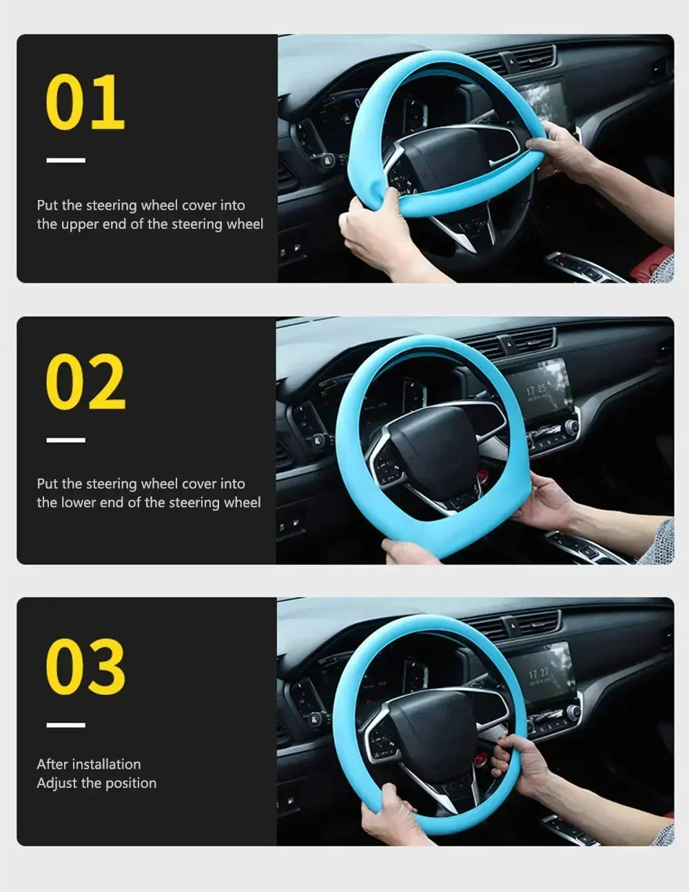 Installation steps showing how to put on and adjust a universal silicone steering wheel cover.