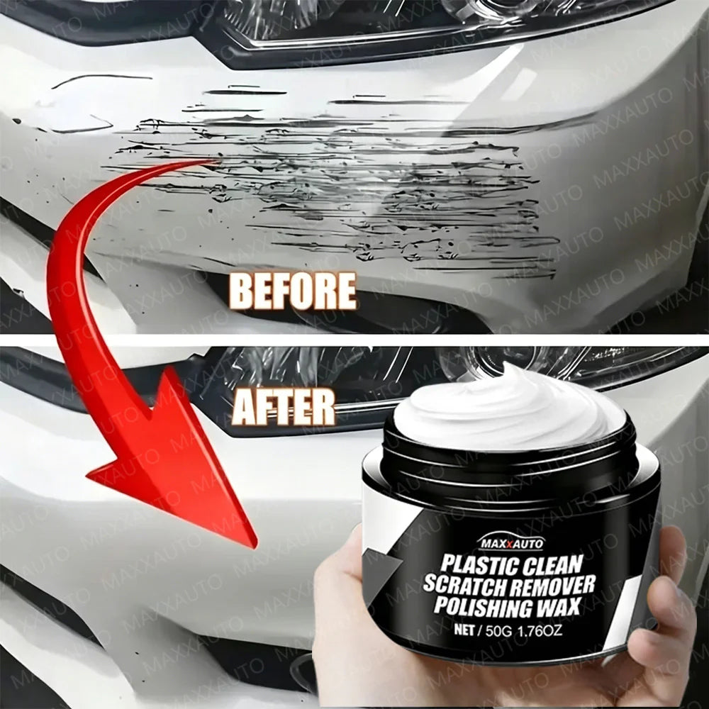 Before and after comparison showing plastic clean scratch remover wax on a car surface