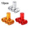 Twelve metal valve caps in silver and red colors for auto and motorcycle tires