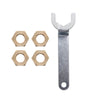 A set of three metal tire valve stems and one metal tire iron tool for TPMS systems