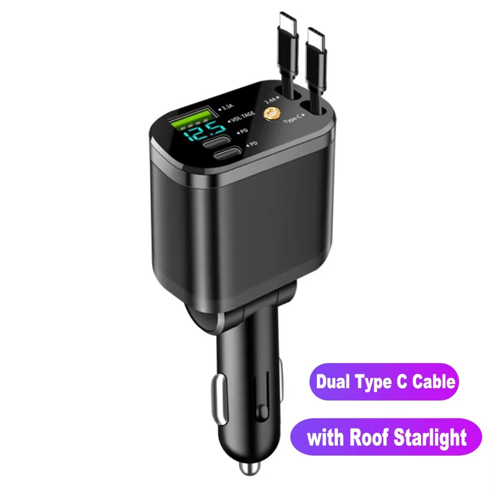 Black 7-in-1 car charger with digital voltmeter and dual Type C cables for charging devices.