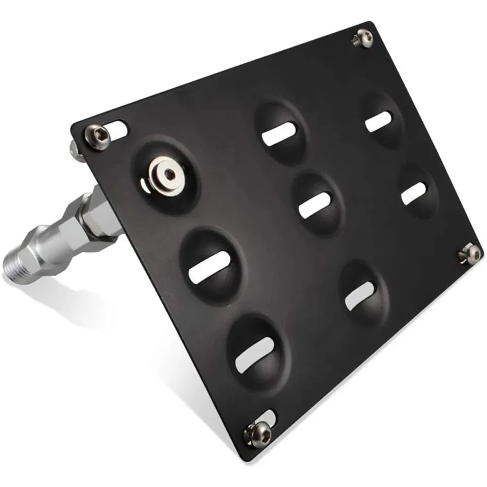 Black no-drill front tow hook license plate mount for BMW with multiple mounting holes