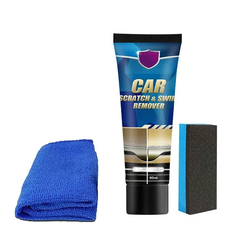 A tube of car scratch and swirl remover polish next to a black foam applicator pad.