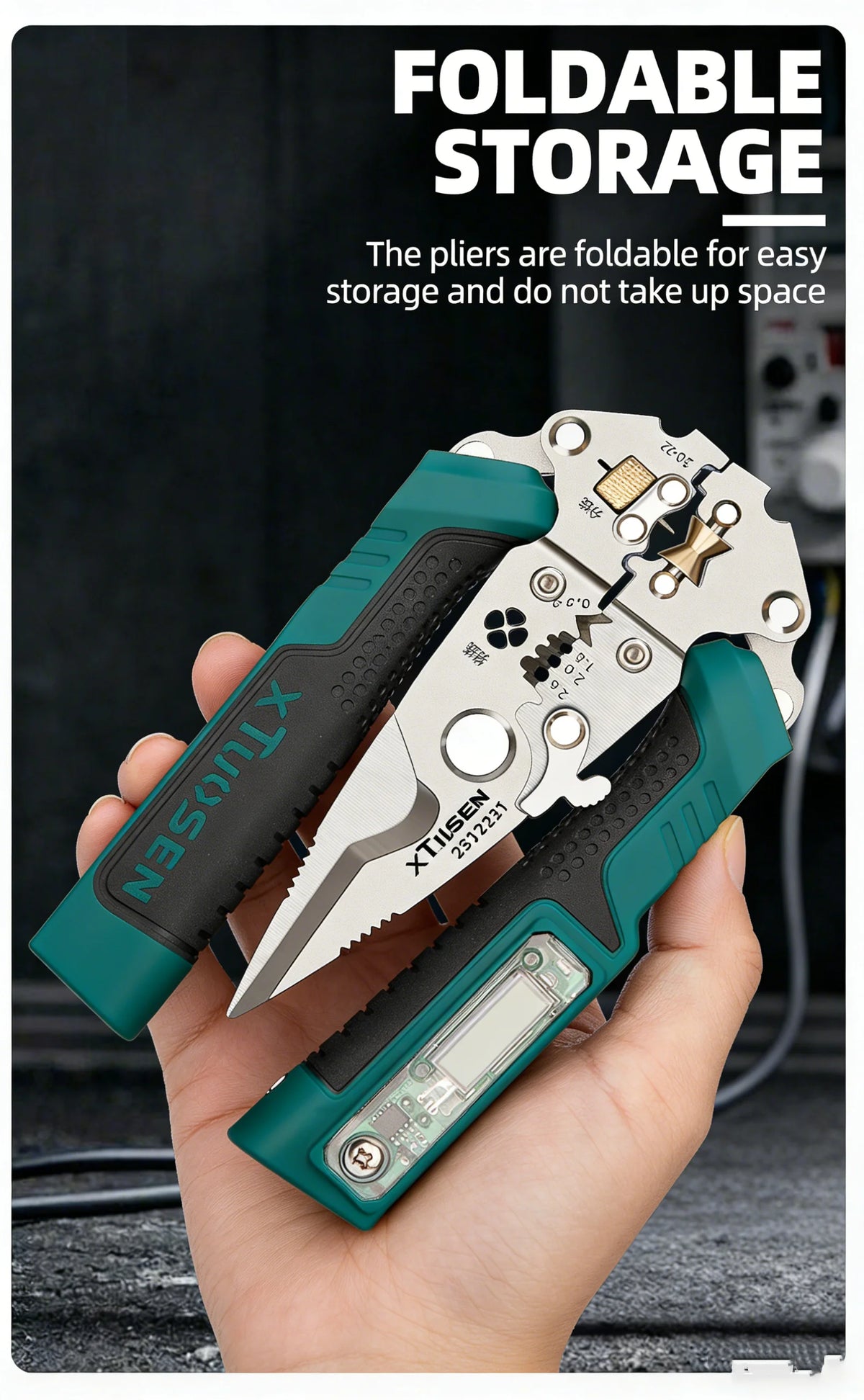 A hand holds a green pliers tool for foldable storage and space-saving use.
