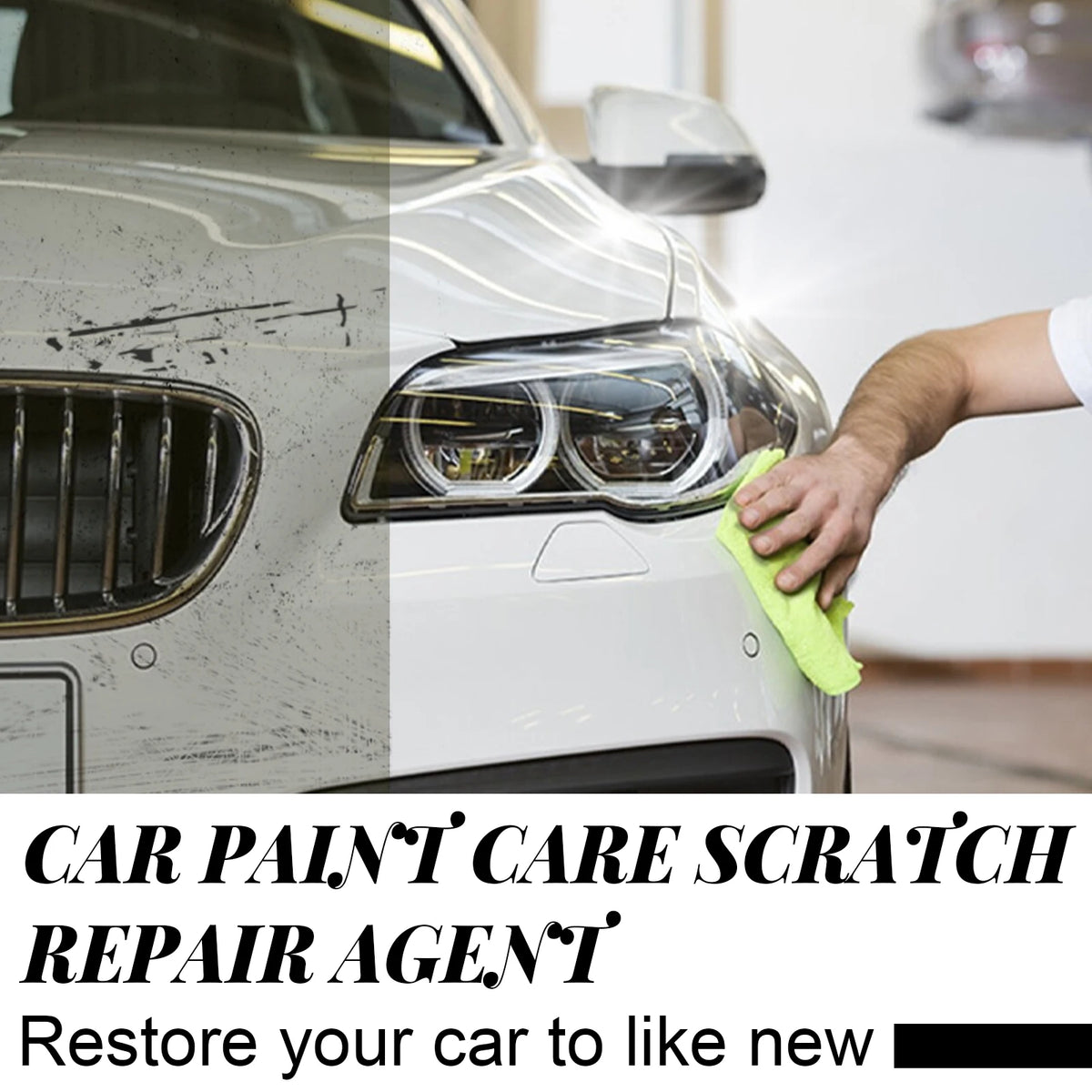 A hand is cleaning a car's headlight with a green cloth, demonstrating a car paint scratch repair agent.