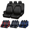 A set of black full coverage PU leather car seat covers shown in various configurations.
