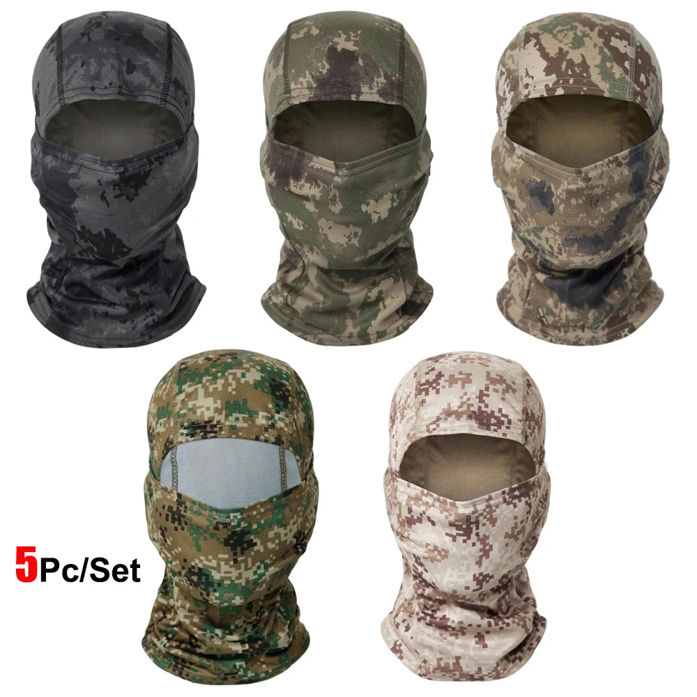 A set of five multi-functional stretchy balaclava caps in various camouflage patterns and colors.