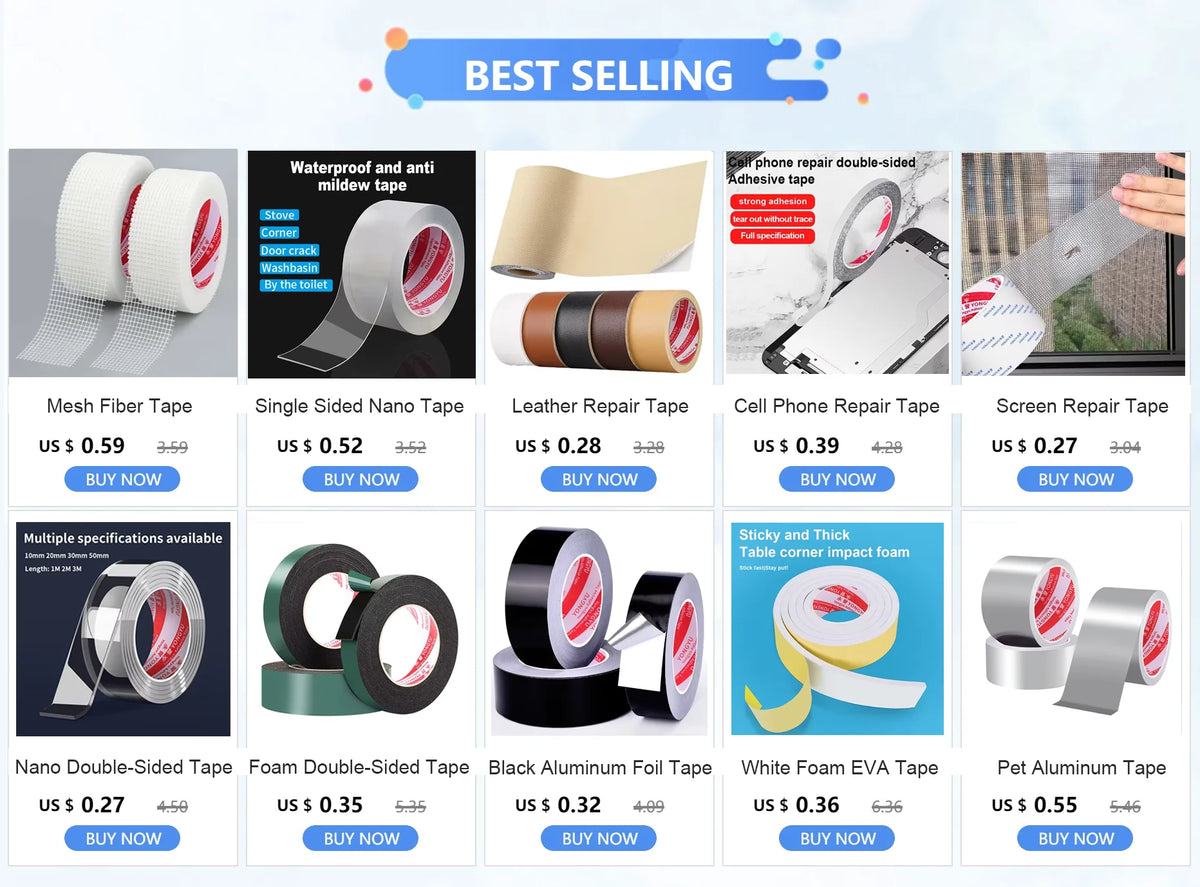 A collection of various double-sided adhesive tapes and pads for repair and sealing purposes.
