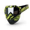 A tactical full face motorcycle goggle with a black frame and neon yellow and black camouflage pattern.