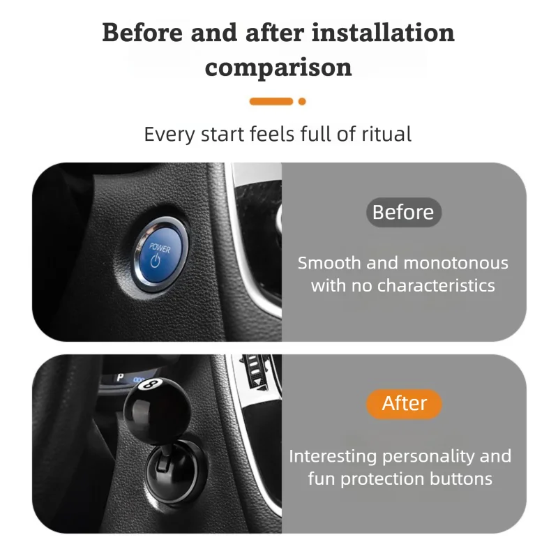 Before and after comparison showing a car start button cover, highlighting the transformation from smooth to interesting pers