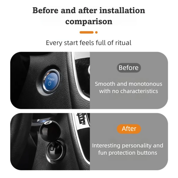 Before and after comparison showing a car start button cover, highlighting the transformation from smooth to interesting pers