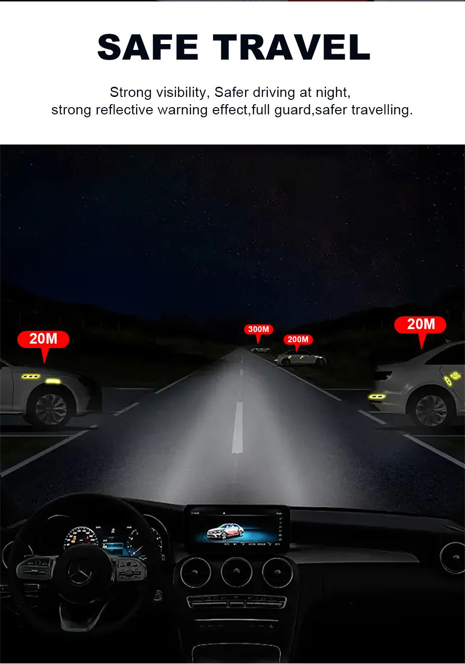 A car's headlights illuminate a road, demonstrating the strong visibility and safety of high-visibility reflective tape durin