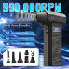 A black high-power turbo fan air blower with various brush attachments and a battery level display.
