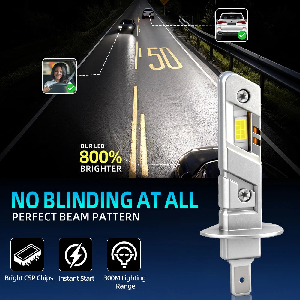 A silver LED headlight bulb is shown illuminating a road, demonstrating its bright beam pattern and performance.