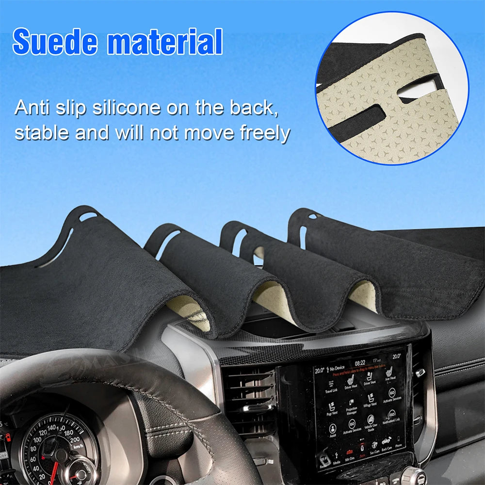 A black custom fit dashboard mat is shown installed in a vehicle interior.