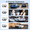 Diagram showing four channel dashcams with viewing angles of 170° for the front camera and 120° for the inside, left/right, a