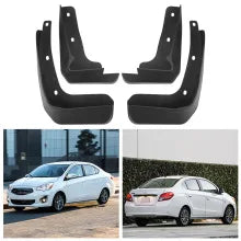 Black durable front and rear mudflaps for a Mitsubishi Mirage G4 vehicle.