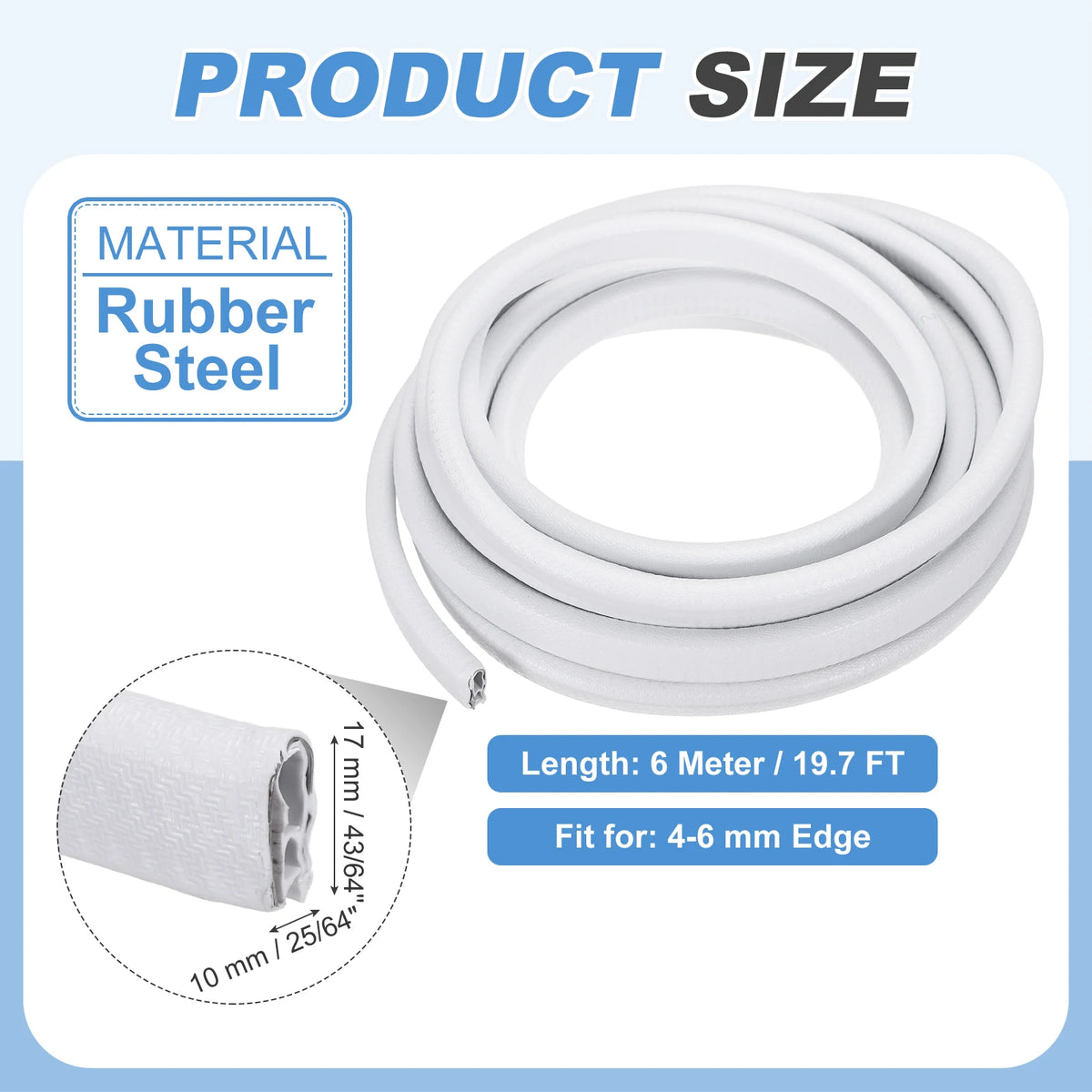 Manguera de acero y goma blanca enrollada para sellado, con 6 metros de largo y apta para bordes de 4-6 mm