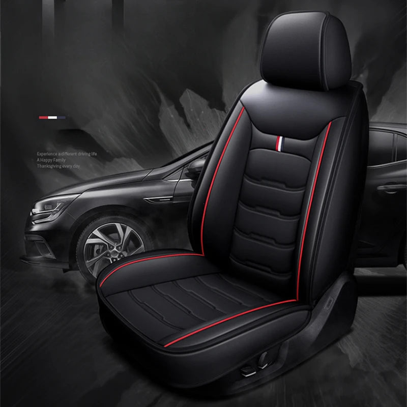 Black PU leather car seat covers installed in a dark SUV interior, showing the seat and surrounding vehicle.