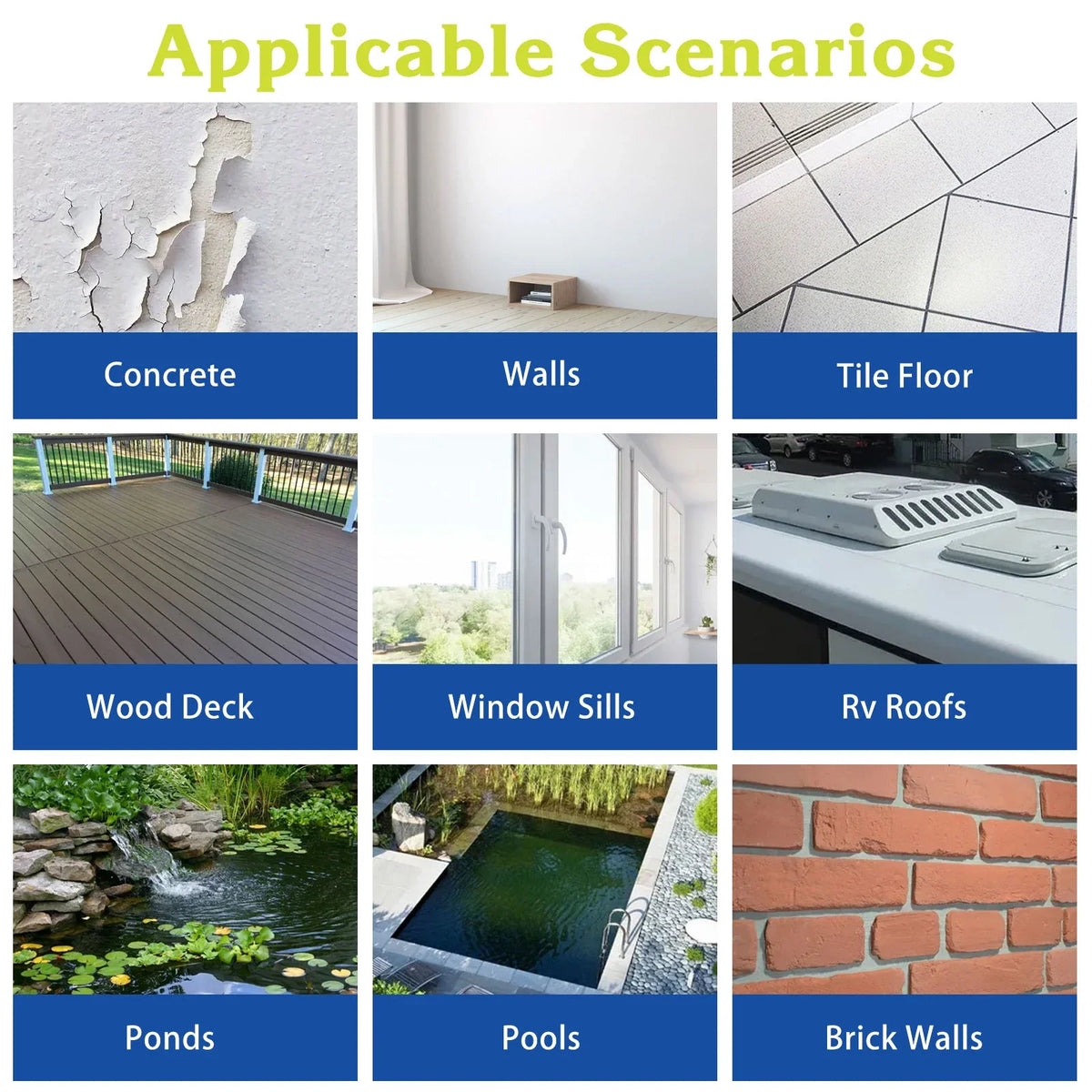 A grid showing various scenarios where invisible waterproof sealant repair glue is applicable, including concrete, walls, til