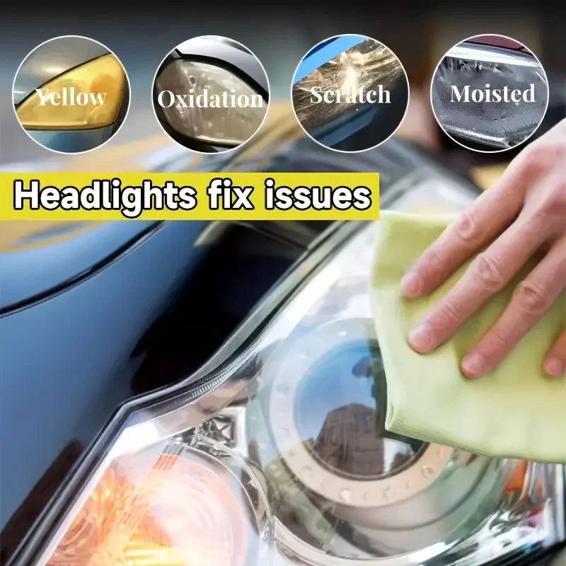 A hand wipes a car headlight, demonstrating fixes for yellowing, oxidation, scratches, and moisture damage.