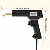 A black heavy duty plastic repair welding gun with a yellow wire, showing its dimensions.
